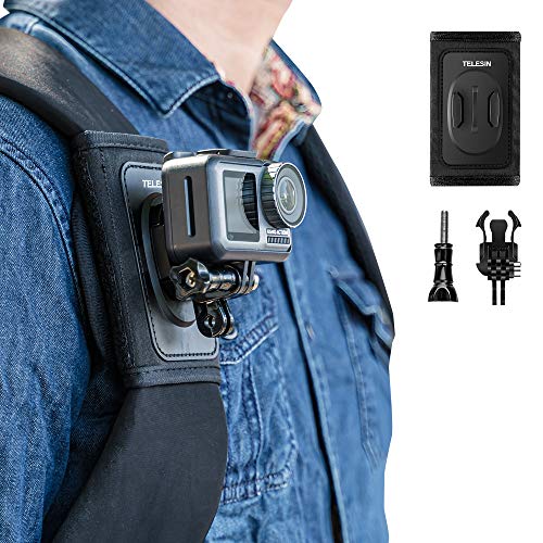 TELESIN Sac à Dos avec bandoulière réglable et Crochet en J, système de Fixation pour caméra GoPro Hero 13/12/11/10/9/8/7 Session, DJI Osmo Action 5 Pro/4/3 Osmo Pocket, Insta 360 X5 X4