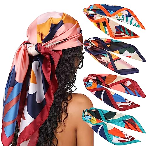 DRESHOW 4 Pack Femmes Grand Foulards Carrés Satin Foulards Cheveux Accessoires Soie Carrés Motifs Classiques Bandanas Plage