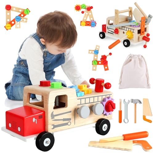 UCAMP Jouet en Bois Éducatif Montessori - Boîte à Outils pour Enfant avec Voiture - Jeux Montessori - Cadeau pour Garçon et Fille 2 3 4 Ans