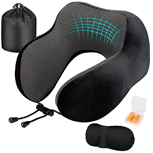 Eono Coussin de Voyage, Oreiller de Voyage à Memoire de Forme, Coussin Voyage Ergonomique pour Avion et Train, Masque pour Dormir, Bouchons d' Oreilles, Sac Transport Inclus