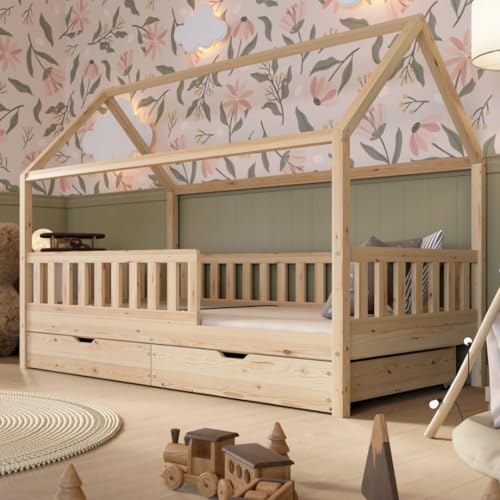 Crazy Pine Lit Cabane avec Tiroirs 160x80 cm – Lit Enfant en Bois Naturel avec Barrière – Design Scandinave, Lit Montessori au Sol avec Espace de Rangement Supplémentaire - Crazy Blanco