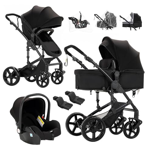 Reenborn Poussette 3 en 1, Poussette Bebe avec Réversible Deux Façons de Pousser, Pousette avec Cadre Aluminium Haute Paysage, Pousette 3 en 1 avec Conception Pliable en Un Clic (588 Black)