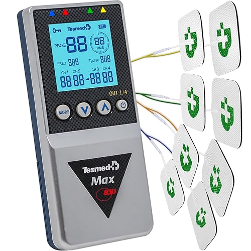 TESMED Max 830: Electrostimulateur Musculaire Professionnel Tens/EMS/Massage avec Stimulation Séquentielle, 4 Canaux, 115 Programmes Dont 20 Personnalisables, Rechargeable, Inclus 20 Électrodes
