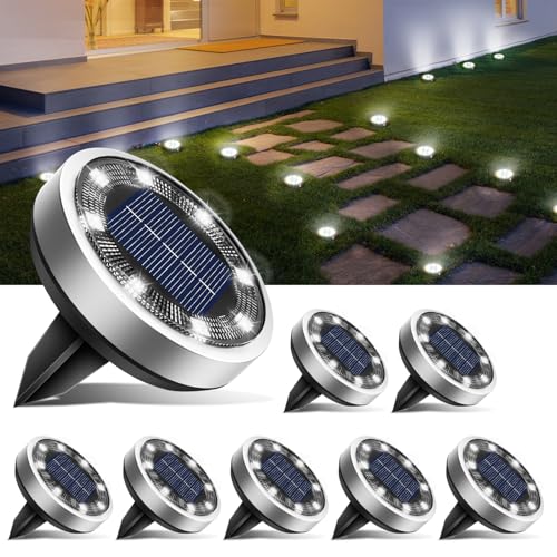 btfarm Lot de 8 Lampe Solaire Au Sol, 8 LED Jardin Exterieur Solaire Etanche Lumiere Solaire, Spot Solaire Extérieur pour Chemins Pelouse Terrasse Allée Cour Piscine, Blanc Froid
