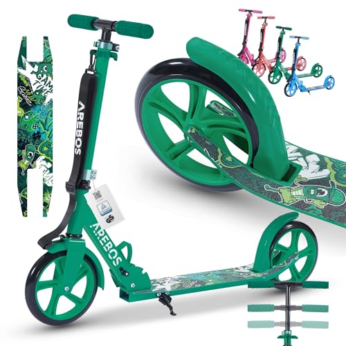 Arebos Trottinette de ville verte réglable en hauteur | pliable | avec sangle de transport | roues XXL | frein à pédale | pour enfants et adultes | charge maximale 100 kg | Kickscooter