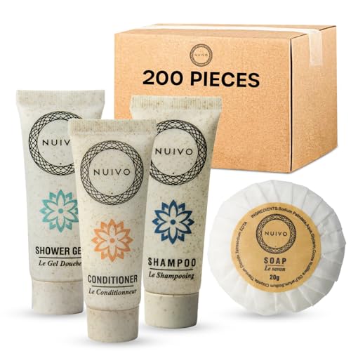 NUIVO - Pack de 200 Produits d’Accueil : Gels Douche, Shampoings, Après-Shampoings, Savons 20g - Tubes de 30ml Écoresponsables - Idéal pour Hôtels, Airbnb, Mariages, Événements