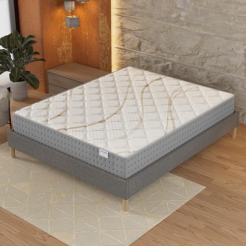 November- Ensemble Matelas + sommier (140 x 190cm)- Matelas Essem Ressorts ensachés & Mousse Haute Densité d’épaisseur 25cm + Sommier Bois Stable & Robuste revêtement Tissu Gris