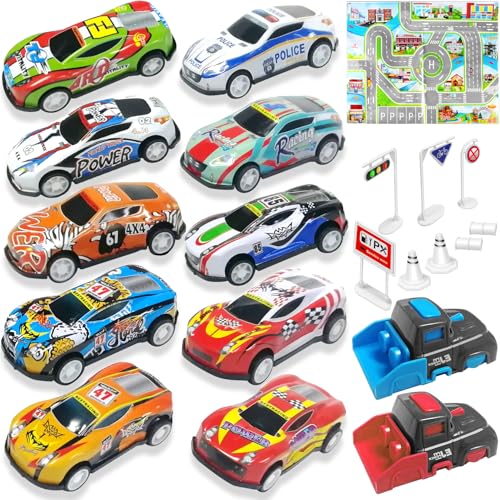 TOYABI Coffret Petite Voiture Enfant, 21 Petites Voitures Jouets avec Catapulte & Tapis de Jeu, Lot Voitire Miniature en Métal 1/64, Mini Cars, Véhicules à Friction pour Enfants 3 4 5 6 7 8 Ans
