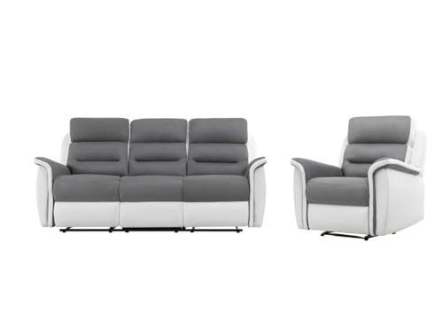 LOUNGITUDE RELAXXO - Pack - Ensemble de Canapés Relaxation Manuel 3 Places et 1 Fauteuil LÉON - Blanc/Gris