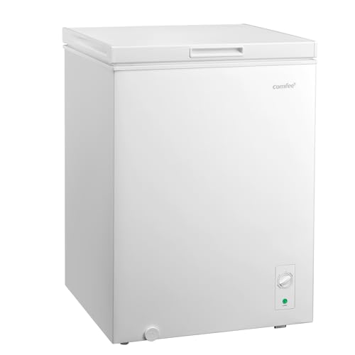 COMFEE' RCC146WH2EU(E) Congélateur coffre autonome 143L convertible congélateur/réfrigérateur, compresseur inverter, 4 étoiles, adapté aux dépendances, garages et abris, blanc [Classe énergétique E]