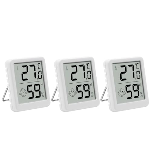 Lot de 3 thermomètres hygromètre d'intérieur LCD - Numérique - Avec indicateur smiley - Pour chambre de bébé, salon, bureau, serre - Blanc (3)