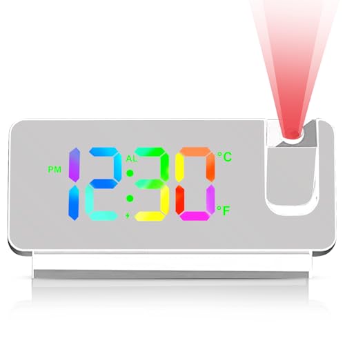 Réveil Projecteur Plafond, Réveil Numérique Projecteur 180°, Horloge Digitale LED avec Snooze, Température, Format 12/24 Heures, Fonctionnement USB, pour la Chambre à Coucher