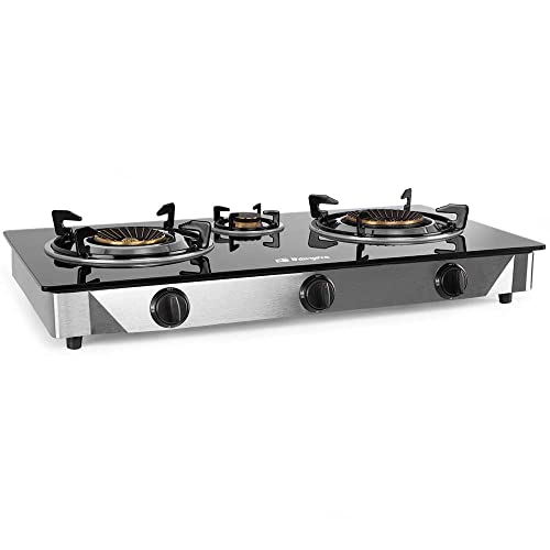 Orbegozo Fo 3520 Cuisinière à gaz, 2 brûleurs triple couronne, butane ou propane, allumage piézoélectrique, surface en verre trempé, corps en acier inoxydable