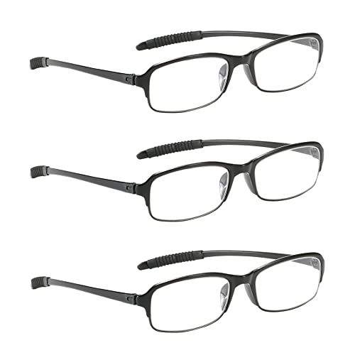 NRDIK PROFLEX LIGHTWEIGHT lunettes de lecture (pack de 3) antichoc, anti-rayures, souple, flexible, antidérapant, unisexe (femmes + hommes) (noir; ovale; force +2,0)