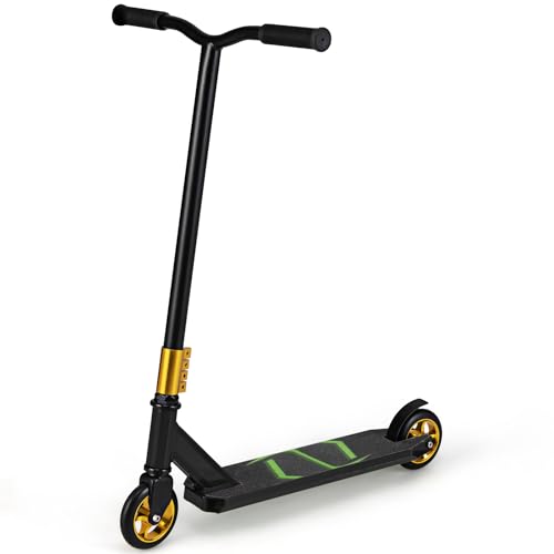 GYMAX Trottinette Freestyle Enfants 10 Ans+, Trottinette Acrobatique Pro, Barre en T en Métal Renforcée, Cadre en Métal Robuste, Plateau en Alliage Léger, Roulements ABEC-7, Capacité 100 Kg (Noir)