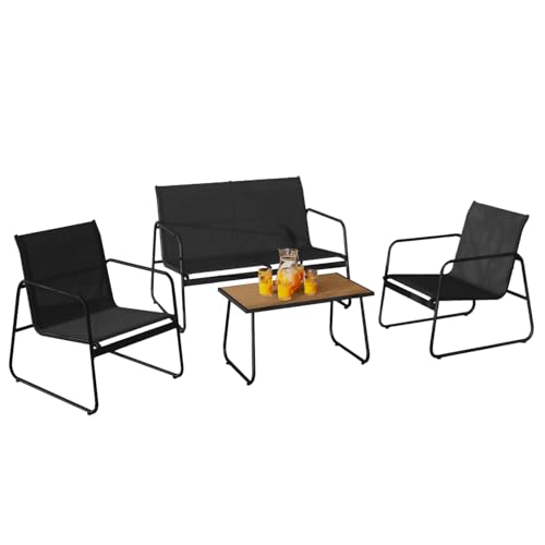 IDMarket - Salon de Jardin Bas Malaga 4 Places avec canapé, fauteuils et Table Noir et Bois