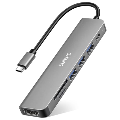 SINEHO Hub USB C 7-en-1, Adaptateur USB c avec HDMI 4K, 100W PD, 3 Ports de données USB-A, Lecteur de Cartes SD/TF – Compatible avec MacBook, Dell XPS, Surface Pro et Plus