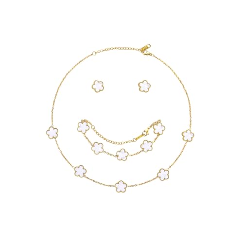 Hanaoops Ensemble de Bijoux Trèfle à Quatre Feuilles pour Femme Fille 18K Plaqué Or Acier Inoxydable Trèfle à Quatre Feuilles Collier Boucles d'oreilles Bracelet Set Délicat Réglable Cadeau (White)