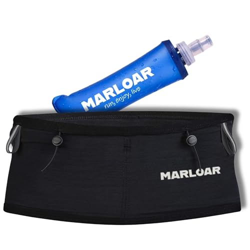 MARLOAR Ceinture Running + Flasque Running 250ml en Cadeau - Ceinture Hydratation Running - Ceinture de Course avec Porte dossard et Porte bâton Inclus pour Le Trail Running, Noir (Black, M)
