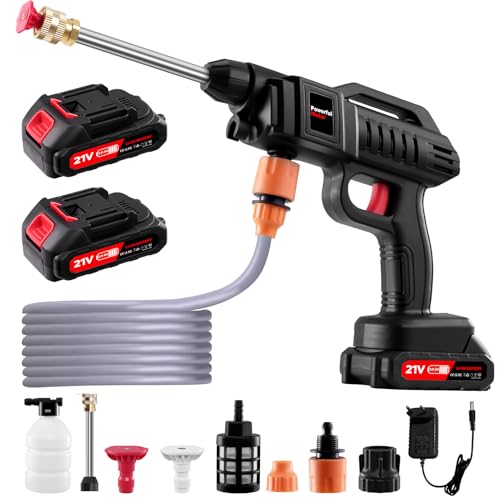 Nettoyeur Haute Pression Buse, 3000W 21V Nettoyeur Haute Pression sans Fil avec 2 Batteries, Nettoyeur Haute Pression Batterie avec Tuyau, Pot en Mousse, Adapté pour Nettoyer Les Voitures, Sols
