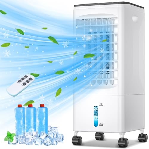 Climatiseur Mobile Portable Silencieux 5.5L Rafraîchisseur d'Air, 60W, Sans Evacuation, 3 Vitesses, 7H Minuteries, 60°/120° Oscillation, Télécommande, 3 Blocs Réfrigérants pour Chambre