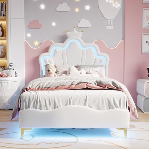 BursDany Lit Enfant Rembourré 90x200 cm avec LED pour Fille Adolescent- Tête de Lit Réglable en Hauteur, Sommier à Lattes, Design Couronne de Princesse en PU Blanc(sans Matelas)