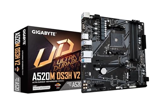 GIGABYTE Carte mère A520M DS3H V2 - Prend en charge les processeurs AMD Ryzen série 5000 AM4, jusqu'à 4733 MHz DDR4 (OC), PCIe 3.0 x16, LAN GbE, USB 3.2 Gen 1