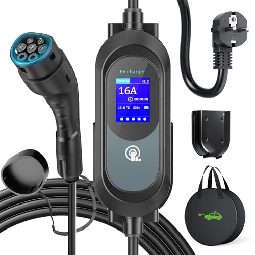 Evjuicion Chargeur Voiture Electrique, 3,68KW | 8-16A | 0-12H | 6M Programmé Chargeur Type 2 avec Grand écran LED et Support Mural, Portabilité Domestique Cable Recharge Véhicule Électrique avec Sac