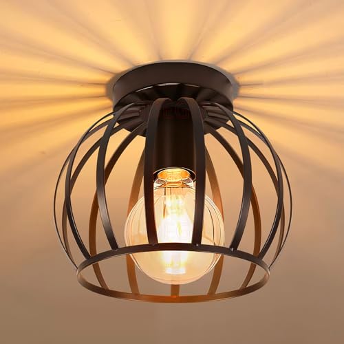 iDEGU Vintage Plafonnier Industriel en Métal Cage Suspensions Lustres Abat-Jour Géométrique Design Luminaire E27 Lampe de Plafond pour Chambre Café Restaurent Entrée Couloir, 20 CM, Noir