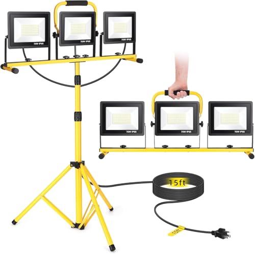 Yofuly 3x 70W Projecteur LED sur Trépieds, 21,000LM Lampes de Travail avec Trépied Télescopique en Réglable, Étanche IP66 Lampe Chantier Projecteur sur Pied, Câble 5M pour Exterieur Interieur