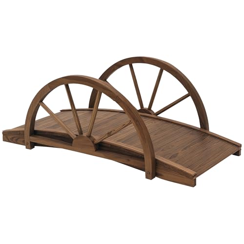 Outsunny Pont de Jardin en Bois, Pont de Bassin, Charge Max. 150 KG décoration du Jardin 100 x 50 x 37 cm avec Balustrade à Demi-Roues, Pont décoratif pour ruisseau, Marron