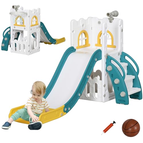 AIYAPLAY Toboggan pour Enfants 4 en 1 avec Panier de Basket, Escalade, télescope, Panier de Rangement, Toboggan intérieur pour Enfants de 1 à 3 Ans, 70 x 177 x 92 cm, Blanc et Vert