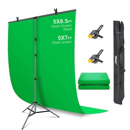 EMART Support Fond Photo avec Fond Vert, 1,5 m x 2,6 m Support Toile de Fond en Forme de T avec Toile Verte et 2 Pinces de Fond pour Streaming, Studio Photo, Photographie, Video