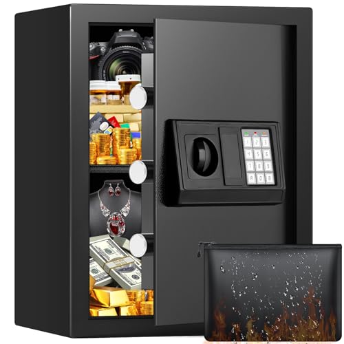 Grand coffre-fort de 50 l pour la maison, résistant au feu, étanche, avec clé, serrure à combinaison, coffre-fort pour meubles avec alarmes intelligentes, coffre-fort mural pour bijoux en or
