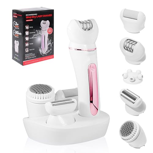 Journeyside Épilateur Électrique, 5 en 1 Épilateur Électrique Femme, Épilateur Electrique Femme Sans Fil, Avec Brosse Exfoliante & Nettoyage, Epilateur Wet & Dry pour Les Jambes et le Corps Rose