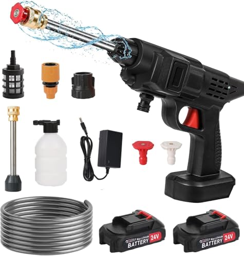 NetToyeur Haute Pression, NetToyeur Haute Pression Sur Batterie, NetToyeur Haute Pression Sans Fil Avec 2 Batteries et Tuyau de 5m, Pistolet Haute Pression Pour Lavage et Arrosage de Voiture Noir