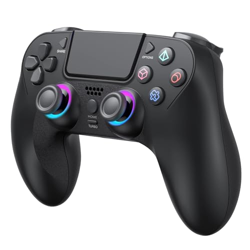 Manette Sans Fil pour PS4, Manette de jeu Compatible avec PS4/Slim/Pro/PC, Joystick Gamepad avec LED RGB/Double Vibration/6 Axes Gyro Sensor/950 mAH Batterie/Touchpanel/EXT/Audio Jack, Contrôle Précis