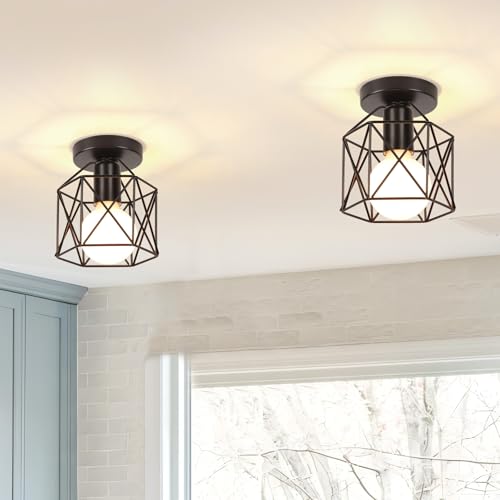 iDEGU Lot de 2 Plafonnier Industrielle en Métal Cage Carré, 15CM Lustre Abat-jour Fer Luminaire E27 40W Noir pour Salon Chambre Bar (Hexagone)