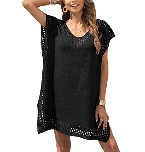 Codkkre Cache Maillot de Bain Femme Robe de Plage Crochet Sarongs en Crochet Été Plage Couvrir Sexy V-Cou Bikini Cover Up Bohème Beachwear, Noir