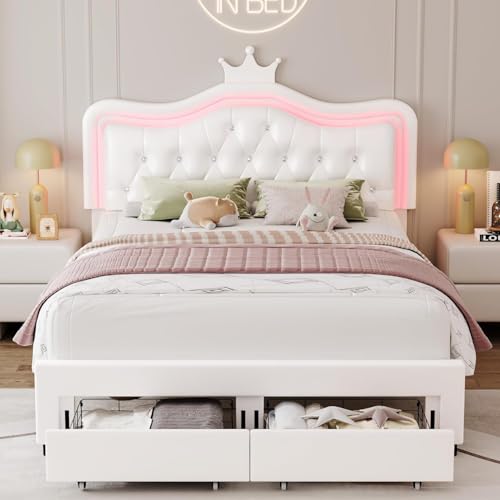 Générique Lit Fille 140 x 200 cm avec Lampes LED,Lit Enfant Fille avec Tête de Lits réglable en Hauteur et 2 tiroirs, PU lit Simple pour Fille en Cuir avec Couronne,Blancs (Matelas Non Inclus)