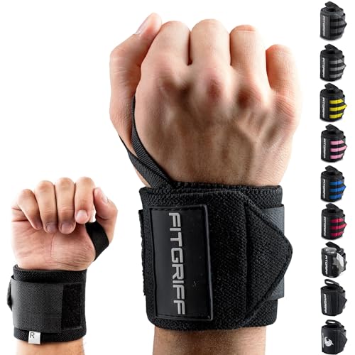 Fitgriff® Bande Poignet Musculation Homme et Femme (1 Paire) - Protege Poignet de Force pour Halterophilie, Fitness (Noir)