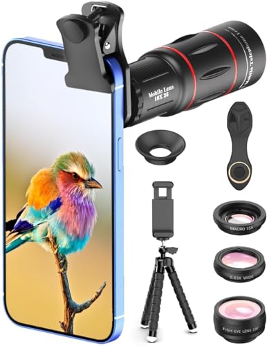Apexel Ensemble de lentilles, télescope 18x, objectifs Larges 0,63x et Macro 15x, Objectif Fisheye 198 °, trépied Flexible pour iPhone Samsung et la Plupart des téléphones