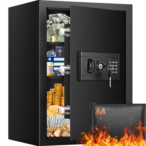 Grand coffre-fort de 60 l pour la maison avec ignifuge étanche pour documents, coffre-fort numérique avec clé et étagère amovible, grand coffre-fort mural pour bijoux, documents en argent liquide