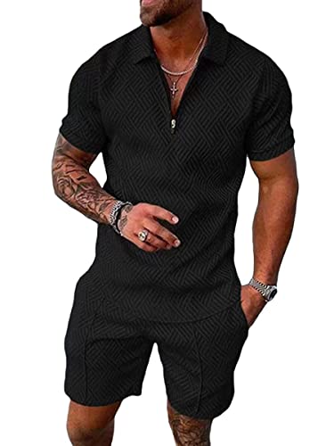 seiveini Ensemble Jogging Homme Survêtement Été à Manches Courtes Tenue de Sport Chemises à Zip et Short A Noir XL