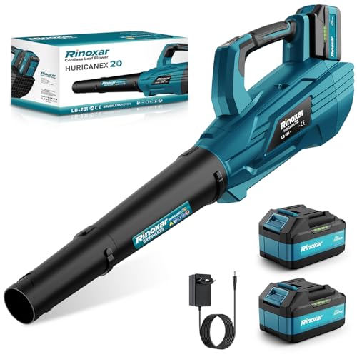Souffleur Batterie, 5 Vitesses Souffleurs de Feuilles sans Fil avec Moteur Brushless, 2 Batteries 5.2Ah/18V, 35.000 RPM, Vitesse de l'Air 180 km/h, Débit d’Air 800 m³/h, 2 Buses Interchangeables