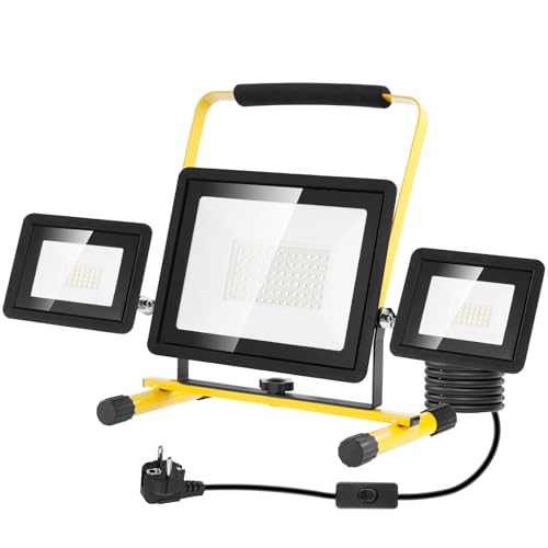 Viugreum Projecteur Led Chantier 100w 8000LM Luminaire Exterieur à Trois Têtes Avec Prise Câble de 3M Étanchéité IP65 Blanc Froid 6500K Portable Lampe Chantier pour Atelier Garage Construction