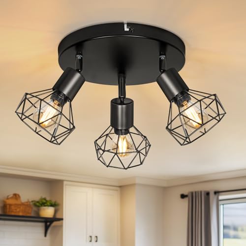 Dehobo Plafonnier Spot Orientable Luminaire Plafonnier E14 Vintage Spots de Plafond Plafonnier Led Cuisine 3 Spots Noir Plafonnier Industriel pour Cuisine Chambre Salon，Sans Ampoules