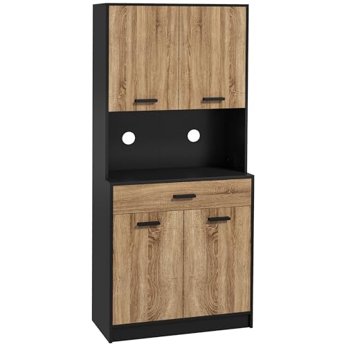 HOMCOM Armoire de Cuisine, Buffet de Cuisine, Meuble de Rangement, 2 placards, 4 Portes, 1 tiroir, Passe-câbles, Design Industriel, 80 x 40 x 180 cm, Noir et Naturel