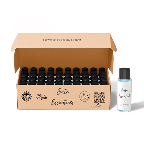 Suite Essentials Lot de 50 gels douche de 35 ml | Idéal pour les hôtels, les chambres d'amis, Airbnb et l'hôtellerie | Certifié GMP, sans cruauté envers les animaux, végétalien, emballage recyclable |