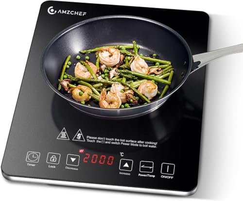 Plaque à induction, AMZCHEF Plaque Induction avec design ultra-mince,20 niveaux de température et 20 réglages de puissance, Plaque Induction 2000W avec minuterie de 3 heures,verrouillage de sécurité